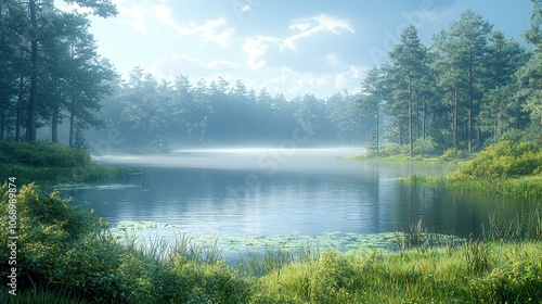 Explore the tranquil beauty of a misty lake surrounded by lush green forests