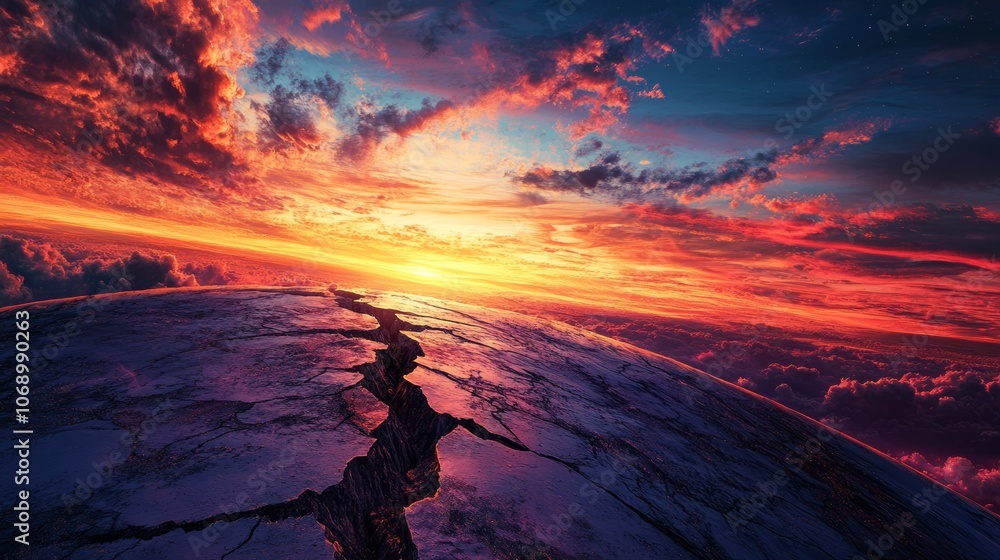 Obraz premium Dramatic sunset illuminating cracked planet surface with orange clouds