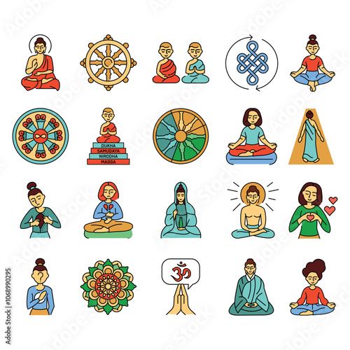 Buddhism line icons set