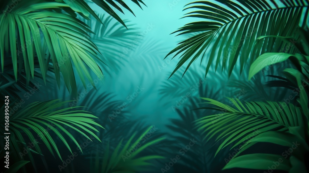 Lush green palm fronds fill the scene, creating a serene, tropical atmosphere with a misty, ethereal background. Lush green palm fronds fill the scene, creating a serene, tropical atmosphere with a misty, ethereal background.