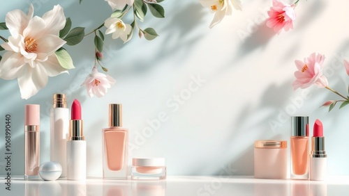 Cosmetics artistically arranged in an elegant and sophisticated setting, dressed up background for website and banner about cosmetics and beauty