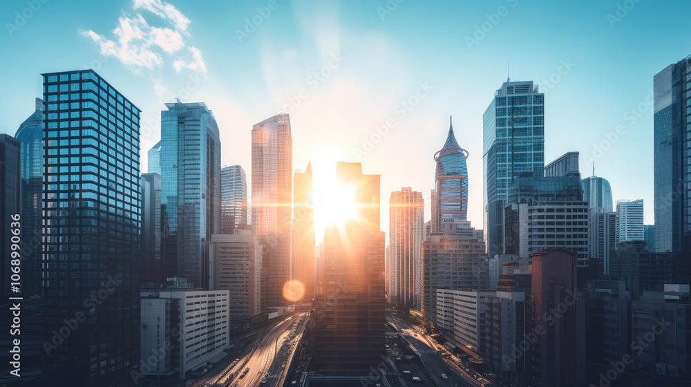 Fototapeta premium Golden Sunrise Peeking Through Modern Cityscape
