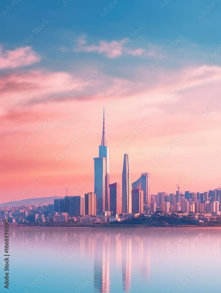 Naklejka premium Majestic City Skyline and Reflection at Sunset