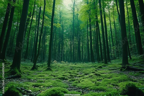 Lush Green Forest Floor with Tall Trees photo