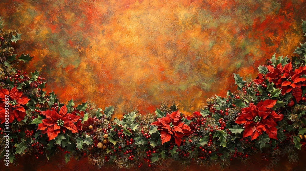 Red poinsettia and holly garland on a textured background Red poinsettia and holly garland on a textured background