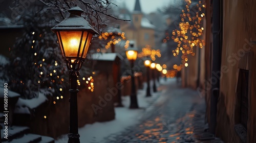  Snowy cobblestone street adorned with string lights and vintage lamps, creating cozy and festive atmosphere, perfect for winter nights and holiday strolls.