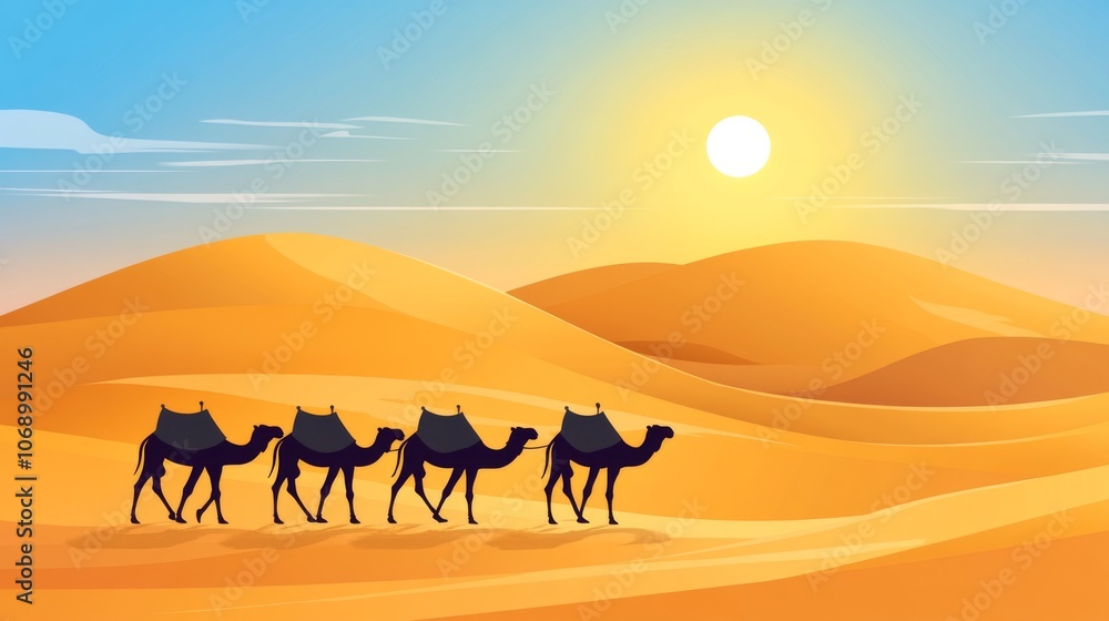 Camels Walking Across a Desert Landscape at Sunset Camels Walking Across a Desert Landscape at Sunset