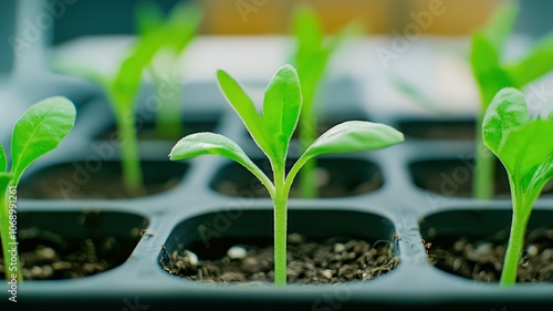 A close-up of young green seedlings emerging in a tray filled with soil, their vibrant leaves and healthy growth. photo