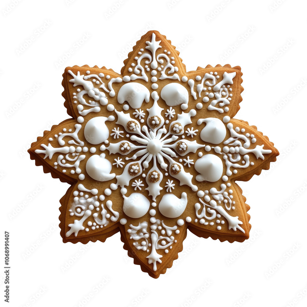 Fototapeta premium Gingerbread christmas cookie decorated with royal icing representing snowflake on transparent