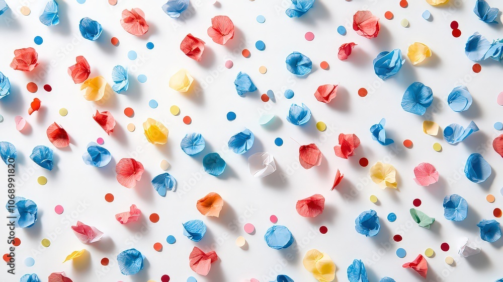 Scattering of colorful confetti pieces on white background; vibrant blues, reds, yellows, and greens create joyful contrast against clean white, with faint shadows. Scattering of colorful confetti pieces on white background; vibrant blues, reds, yellows, and greens create joyful contrast against clean white, with faint shadows.