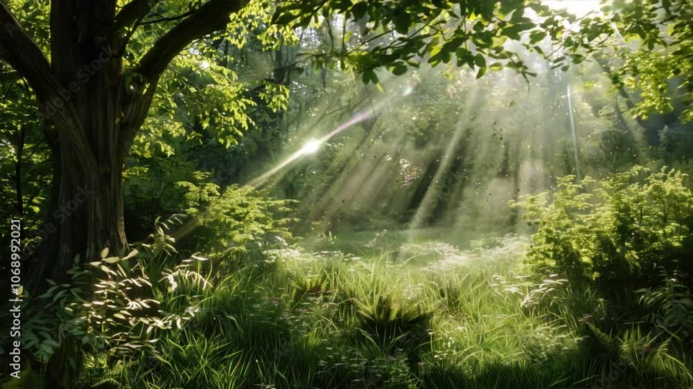 Serene forest scene with sunlight rays streaming through trees, illuminating vibrant grass and lush greenery, creating peaceful atmosphere that invites tranquility and connection with nature. Serene forest scene with sunlight rays streaming through trees, illuminating vibrant grass and lush greenery, creating peaceful atmosphere that invites tranquility and connection with nature.