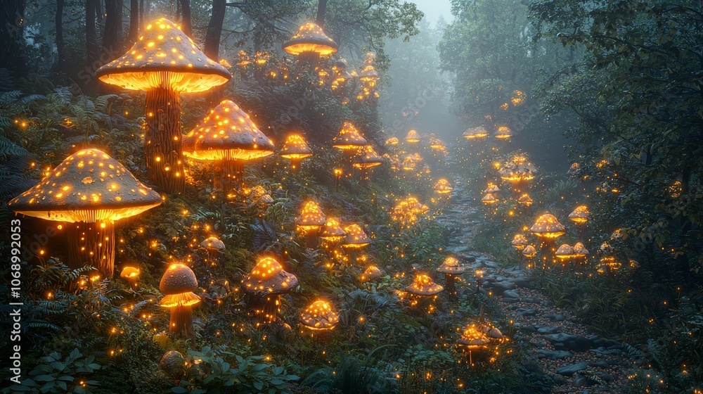Explore the enchanting glow of magical mushrooms illuminating a mystical forest path Explore the enchanting glow of magical mushrooms illuminating a mystical forest path