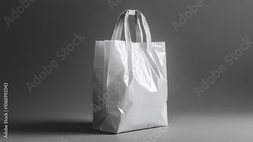  Simple white plastic shopping bag with faint gray handles, upright as if recently set down; slight wrinkles and shadows create texture and depth on stark background. photo