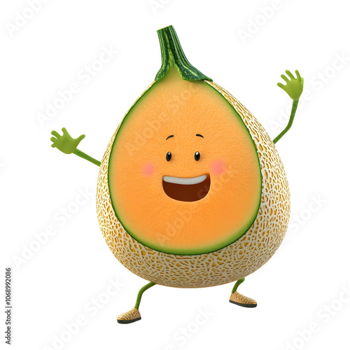 Joyful cantaloupe cartoon, vibrant colors, cheerful expression, arms raised, happy dance, 3D render, summer vibes! photo