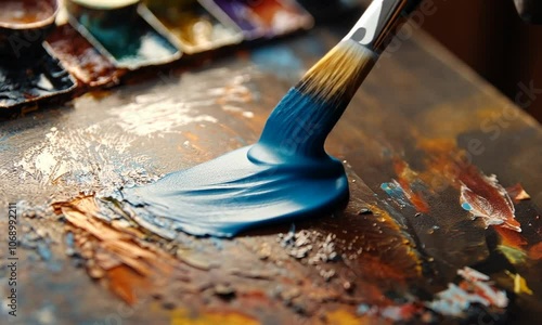 Artistic Process: Close-Up of Brush and Vibrant Colors on Canvas