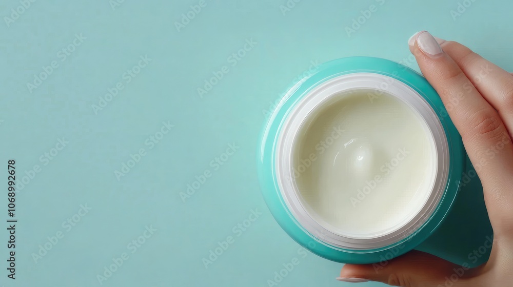 Top View of Hand Holding Cosmetic Cream Jar on Turquoise Background Top View of Hand Holding Cosmetic Cream Jar on Turquoise Background