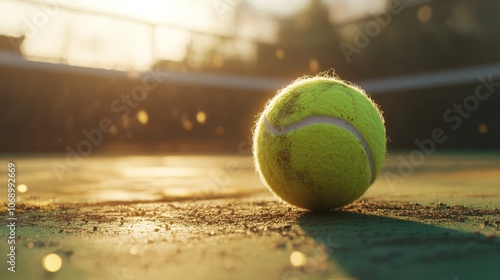 Close-up of Tennis Ball on Court at Sunset