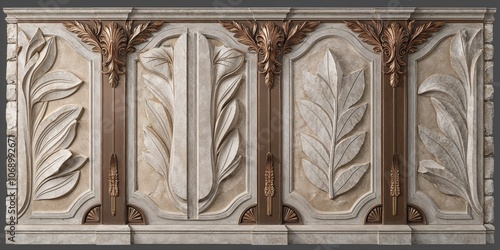 Fototapeta Naklejka Na Ścianę i Meble -  Elegant 3D Wall Panel with Beige Leaf Carving Design for Luxury Interior Decor