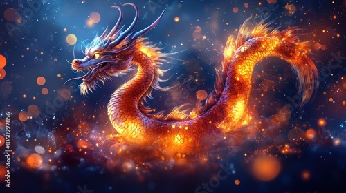 A fiery dragon with glowing scales and a majestic pose against a dark, bokeh background.