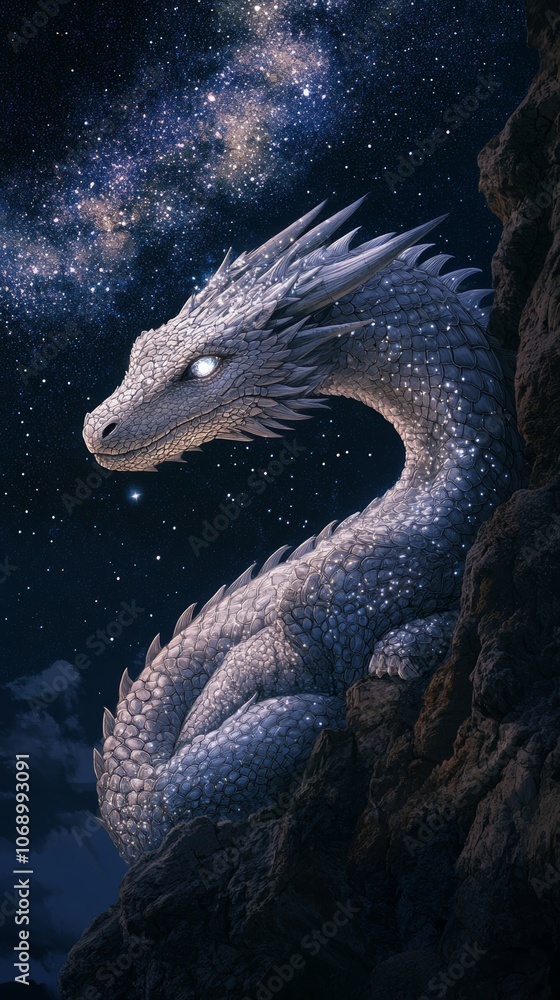 Majestic white dragon resting on a cliff under the milky way Majestic white dragon resting on a cliff under the milky way