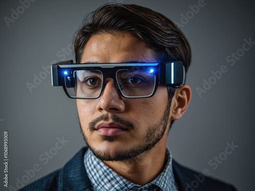 Person Wearing Smart Glasses with Digital Display Projection photo