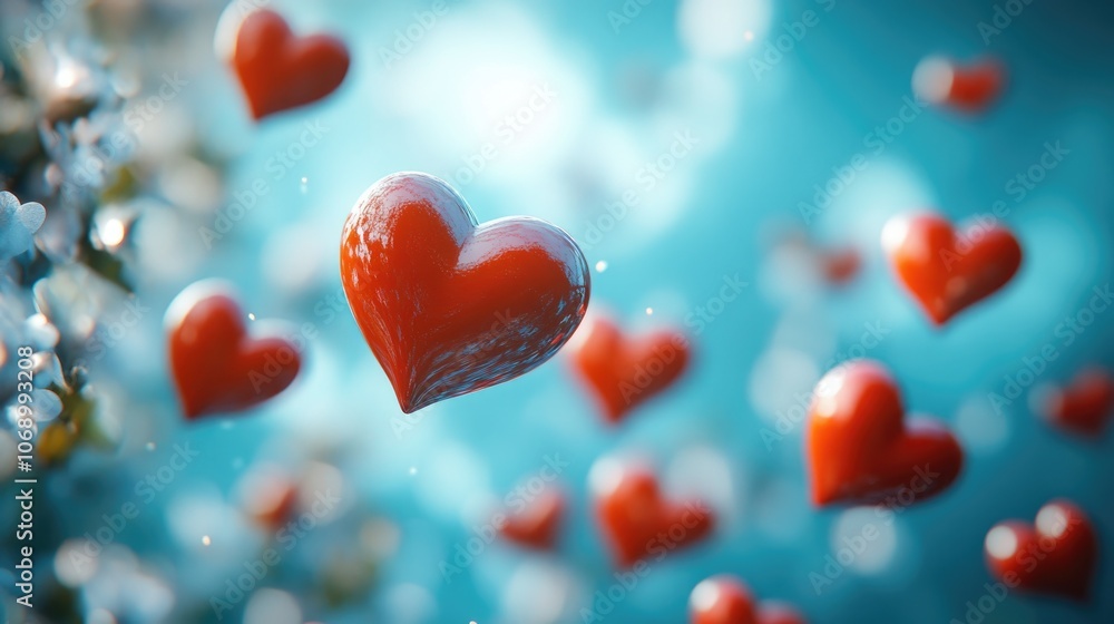 Fototapeta premium Floating Red Hearts Against a Dreamy Blue Background: Romantic and Whimsical Scene