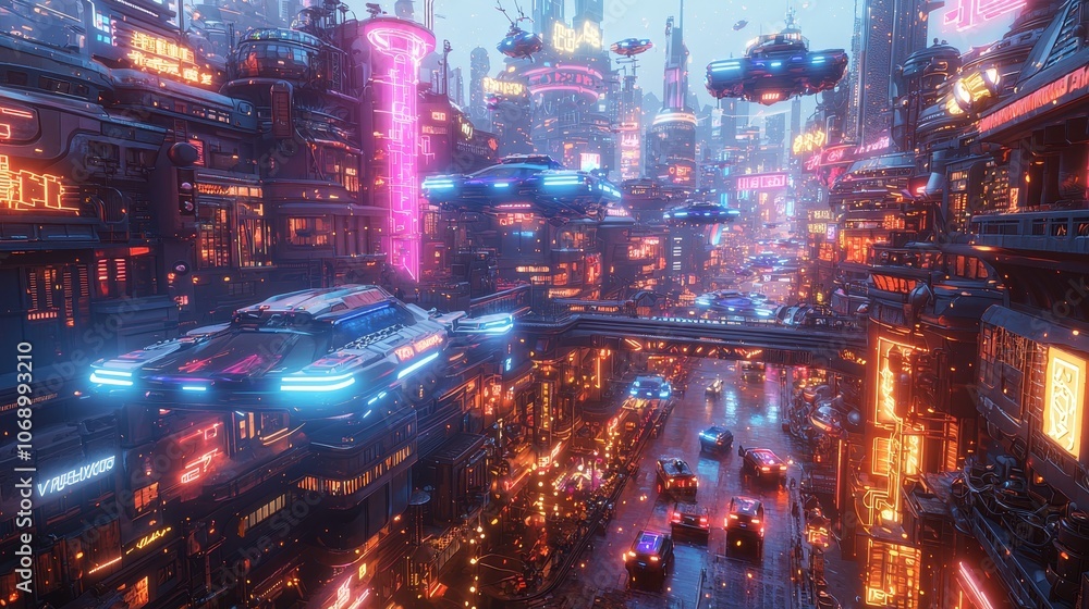 Fototapeta premium Explore the vibrant futuristic cityscape filled with neon lights and advanced technology