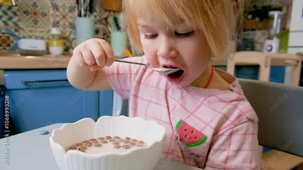 A little Caucasian child girl of two years old eats chocolate balls with milk for breakfast in the kitchen. A little Caucasian child girl of two years old eats chocolate balls with milk for breakfast in the kitchen.