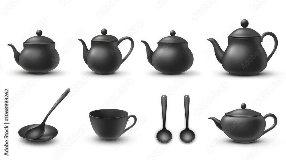 Elegant Black Ceramic Teapot and Utensil Set on White Background Elegant Black Ceramic Teapot and Utensil Set on White Background