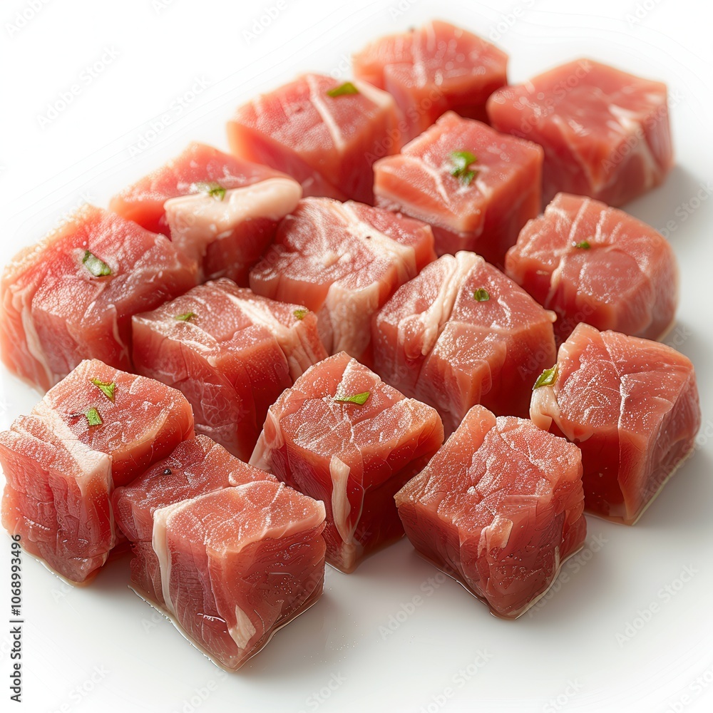 Fresh Cubes of Raw Meat on a White Plate Fresh Cubes of Raw Meat on a White Plate