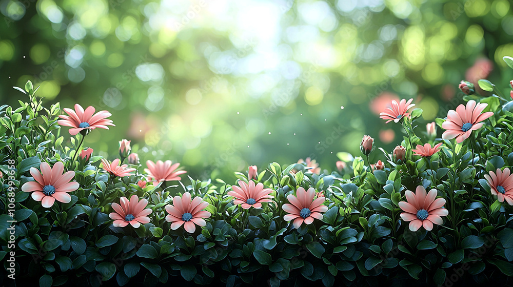 vibrant garden scene featuring pink flowers surrounded by lush green foliage, creating serene and peaceful atmosphere. soft focus adds dreamy quality to image vibrant garden scene featuring pink flowers surrounded by lush green foliage, creating serene and peaceful atmosphere. soft focus adds dreamy quality to image