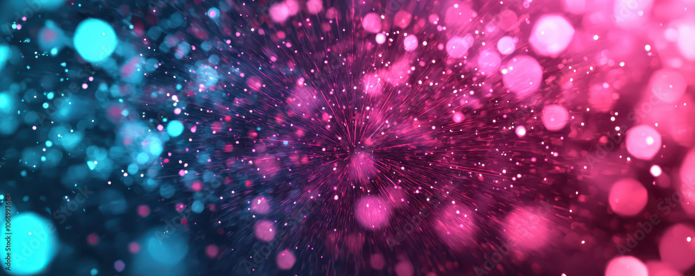 Vibrant bokeh lights in pink and blue create festive atmosphere Vibrant bokeh lights in pink and blue create festive atmosphere