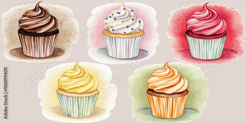 Watercolor Illustration of Five Types of Cupcakes