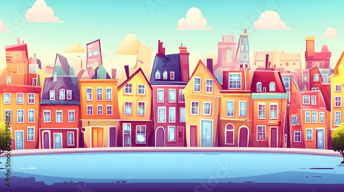 Colorful cartoon cityscape with houses and a river.