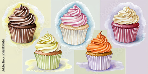 "Five Distinct Cupcake Types � Watercolor Dessert Illustration"