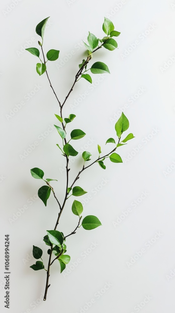 Green tree branch with small leaves growing on white background Green tree branch with small leaves growing on white background