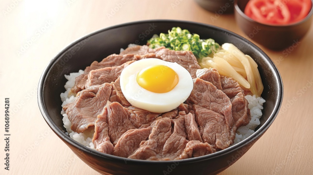 Delicious Beef Bowl with Egg and Fresh Toppings Delicious Beef Bowl with Egg and Fresh Toppings