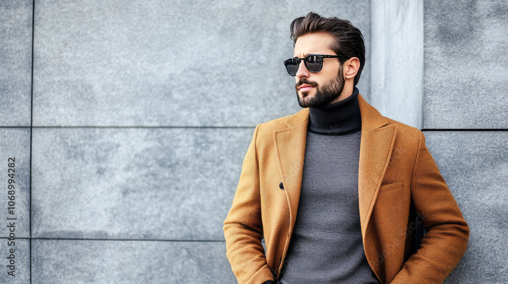 Stylish Man in Camel Coat and Sunglasses Against Modern Concrete Wall Stylish Man in Camel Coat and Sunglasses Against Modern Concrete Wall
