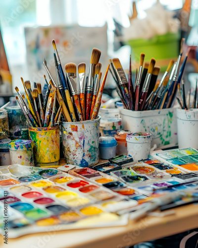 Colorful paintbrushes and watercolor palette on wooden table.