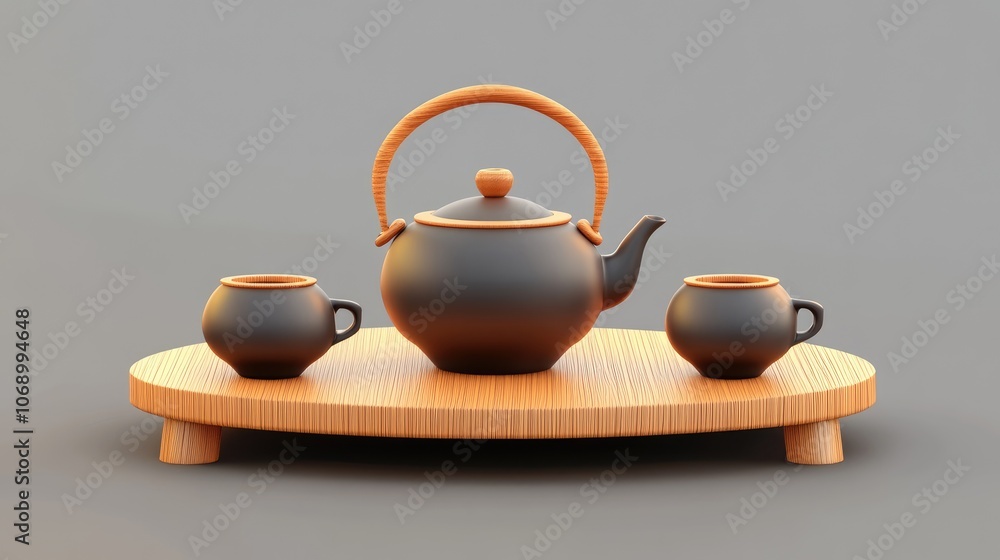 Elegant Ceramic Teapot Set with Wooden Handle and Cups on Bamboo Tray Elegant Ceramic Teapot Set with Wooden Handle and Cups on Bamboo Tray