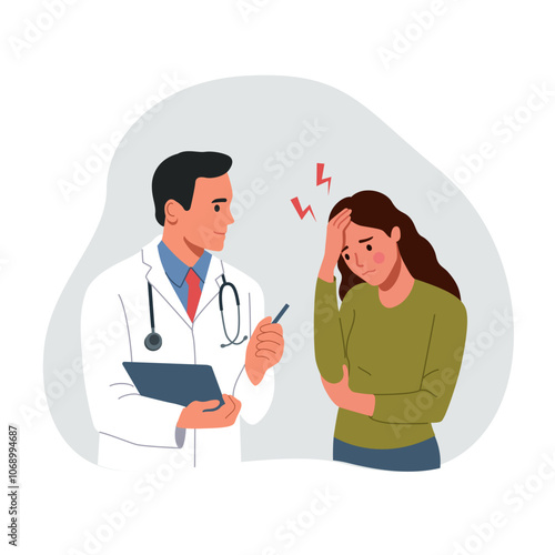 Doctor talks to a female patient. Young ill woman suffering from headache and pain, pressing hand to the throbbing areas of her head. Vector flat style cartoon illustration