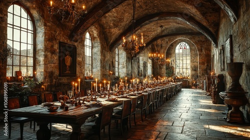 Luxurious dining experience in an ancient castle hall with candlelit ambiance and grand architecture