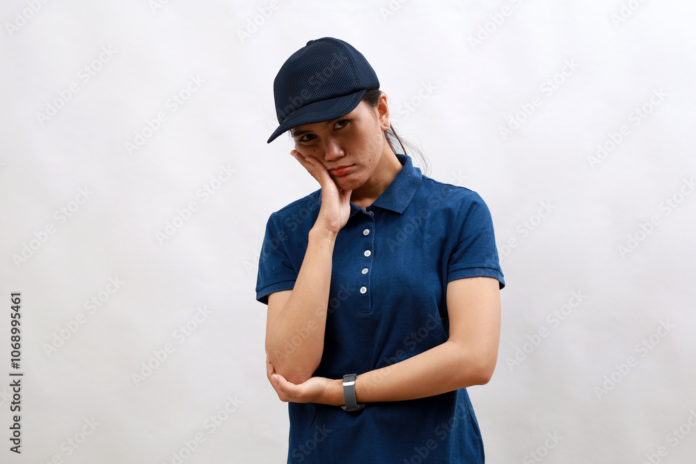 Young hispanic woman courier wearing delivery uniform and cap thinking looking tired and bored with depression problems with crossed arms. Young hispanic woman courier wearing delivery uniform and cap thinking looking tired and bored with depression problems with crossed arms.