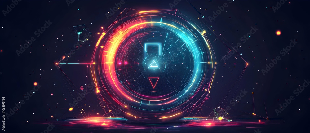 Obraz premium Futuristic glowing ring with colorful abstract shapes and lines on dark background.