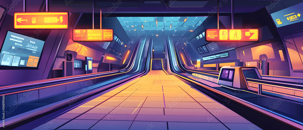 Futuristic subway station with escalators and moving walkways. Futuristic subway station with escalators and moving walkways.