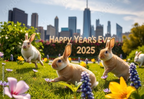 group hopping through New Eve city backdrop rabbits celebrating Year's fireworks 2025 garden photo