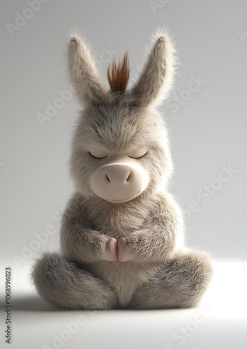 A chubby, cute, fluffy donkey with a bored expression, doing yoga on the floor with exaggerated movements. A 3D cartoon character with a furry appearance