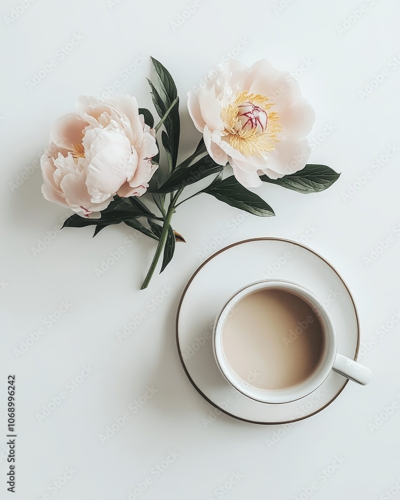 Enjoy a relaxing moment with a cup of coffee and beautiful peonies for ultimate serenity Enjoy a relaxing moment with a cup of coffee and beautiful peonies for ultimate serenity