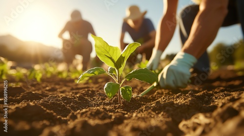 Farmers planting saplings in a field.