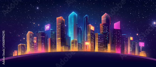 Night cityscape with colorful neon lights.